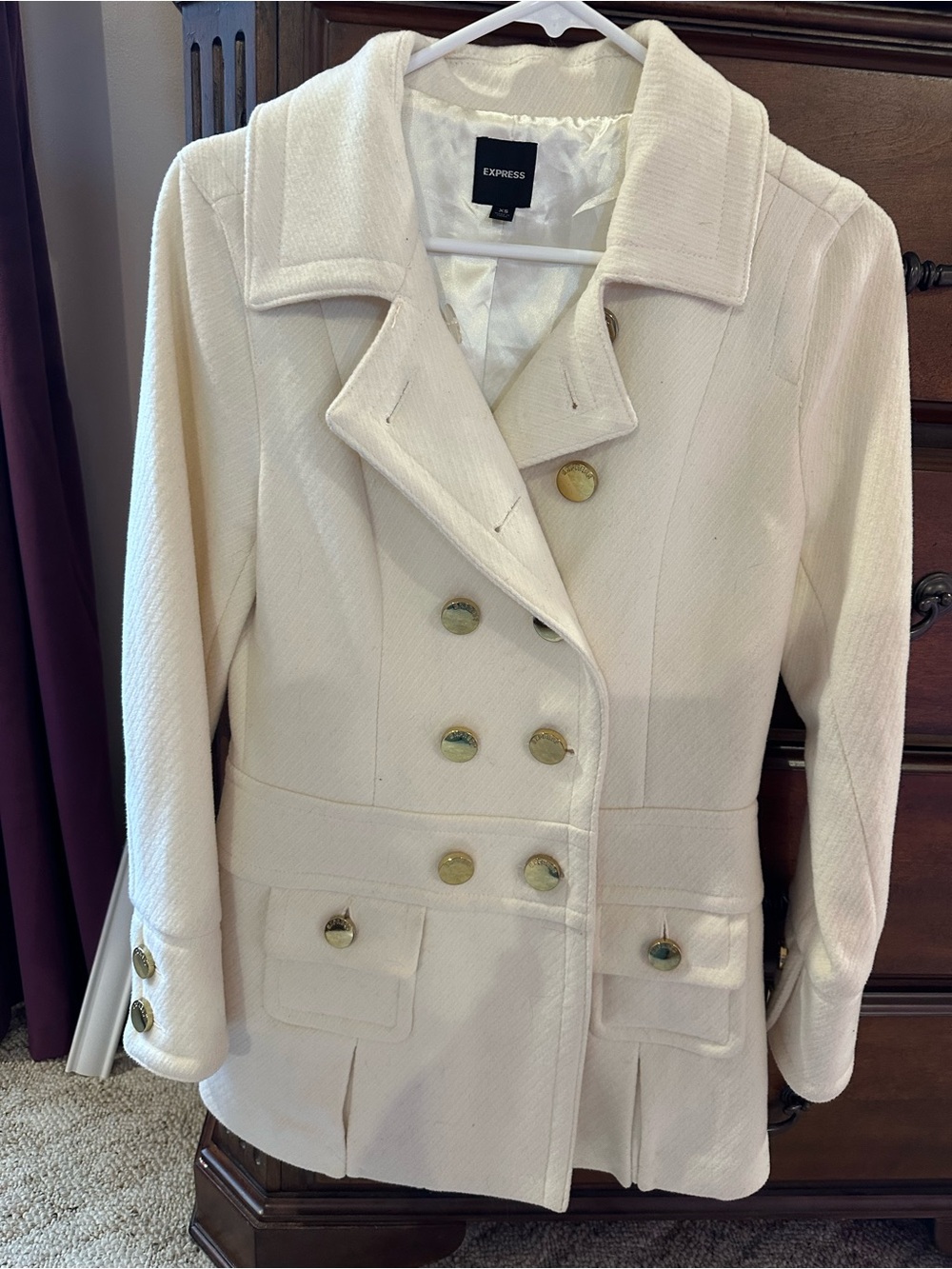 Express Cream Double-Breasted Peacoat with Gold-Tone Buttons